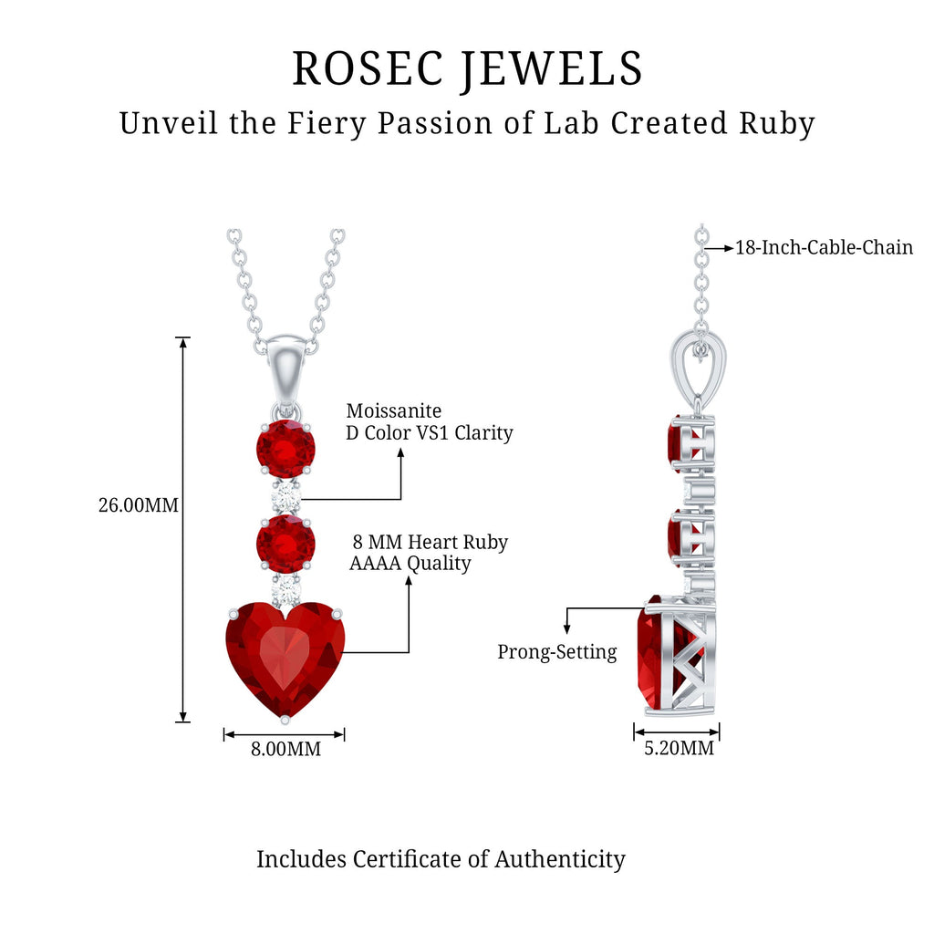 Created Ruby and Moissanite Heart Dangle Pendant Necklace