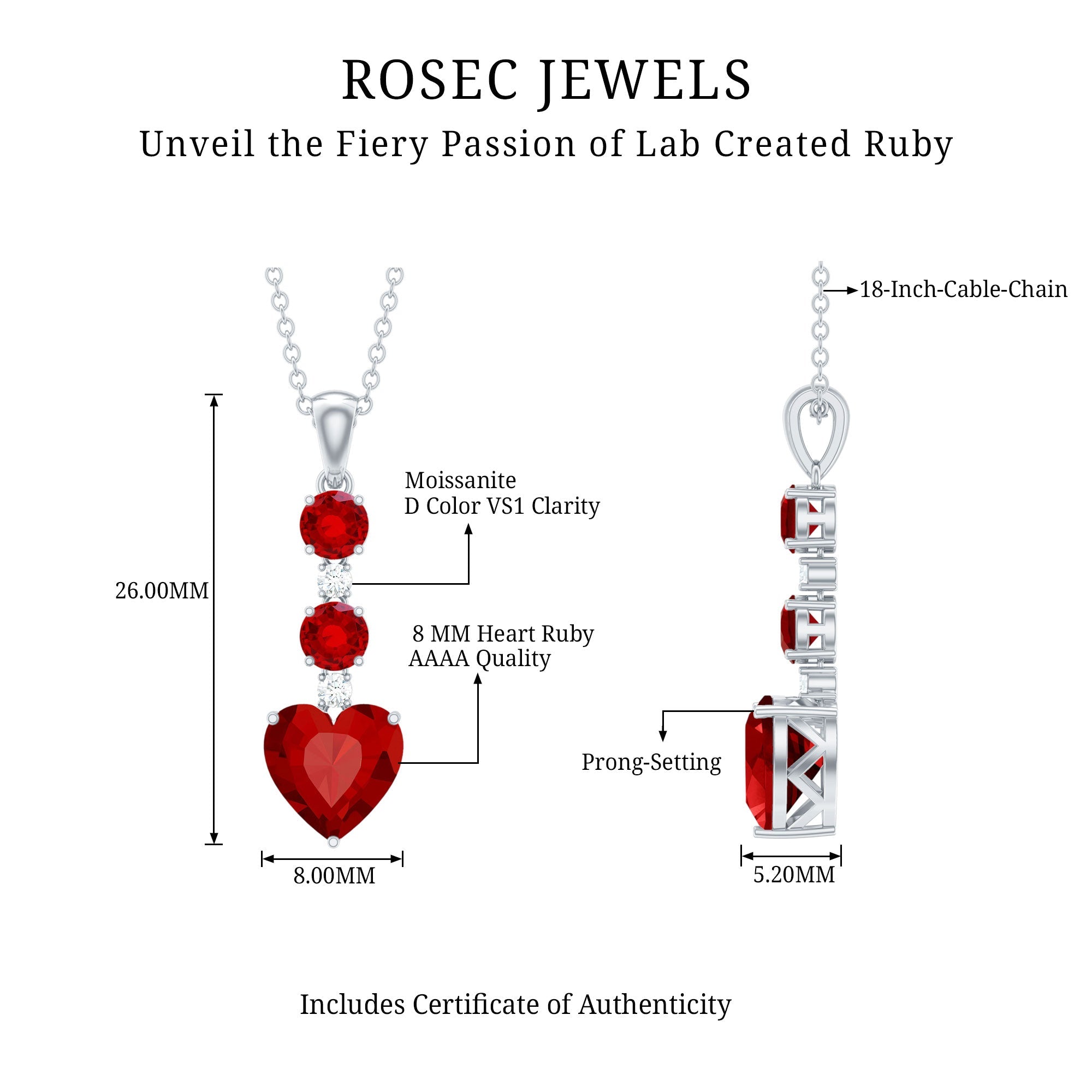 Created Ruby and Moissanite Heart Dangle Pendant Necklace