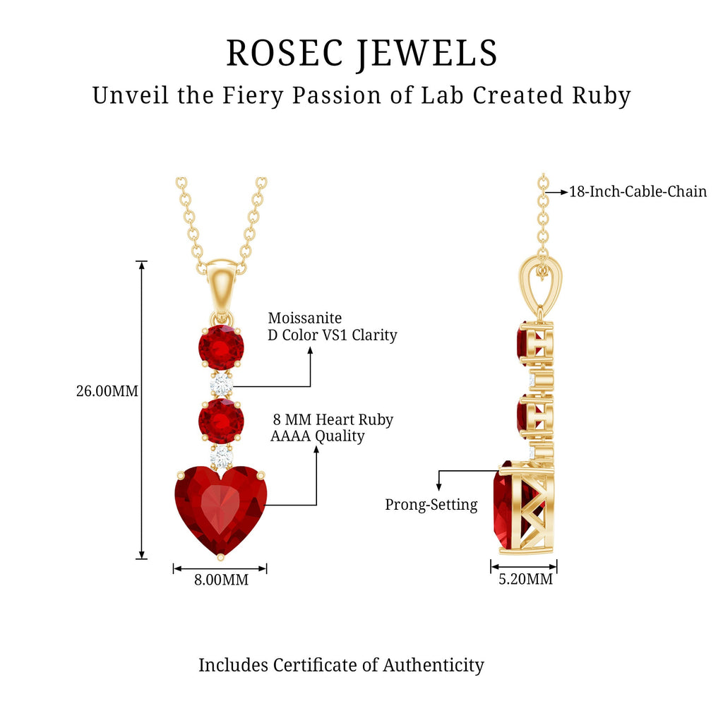 Created Ruby and Moissanite Heart Dangle Pendant Necklace