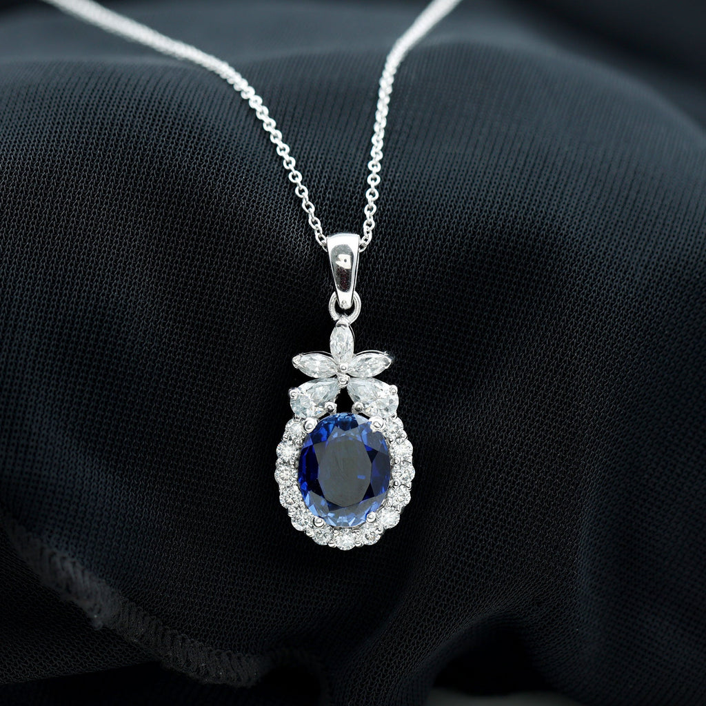 4 Carat Oval Shape Lab Created Blue Sapphire Statement Necklace with Moissanite