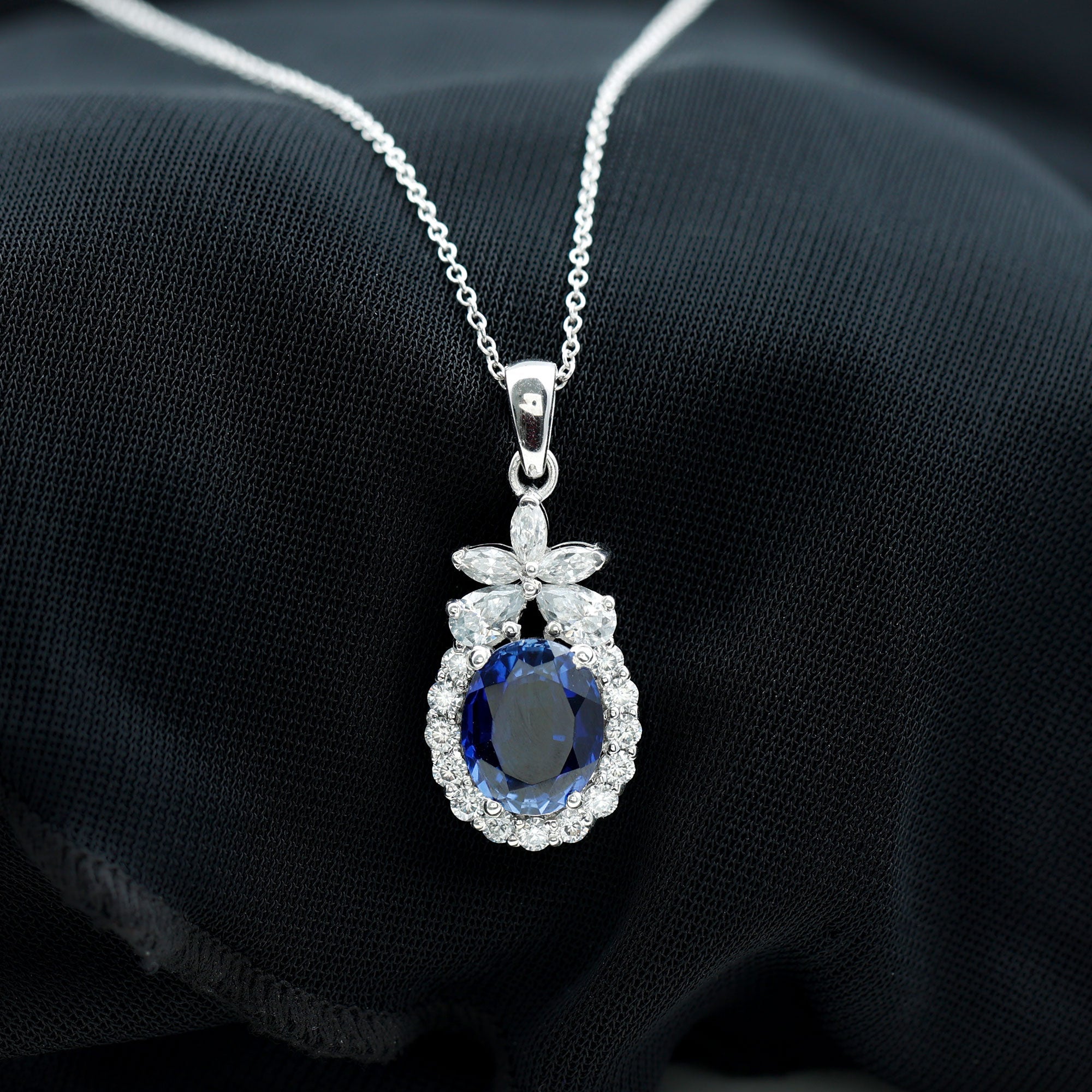 4 Carat Oval Shape Lab Created Blue Sapphire Statement Necklace with Moissanite