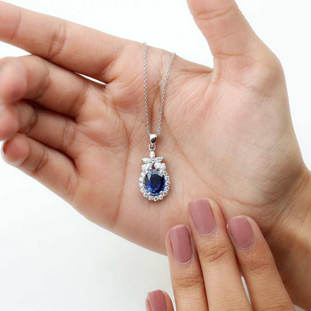4 Carat Oval Shape Lab Created Blue Sapphire Statement Necklace with Moissanite
