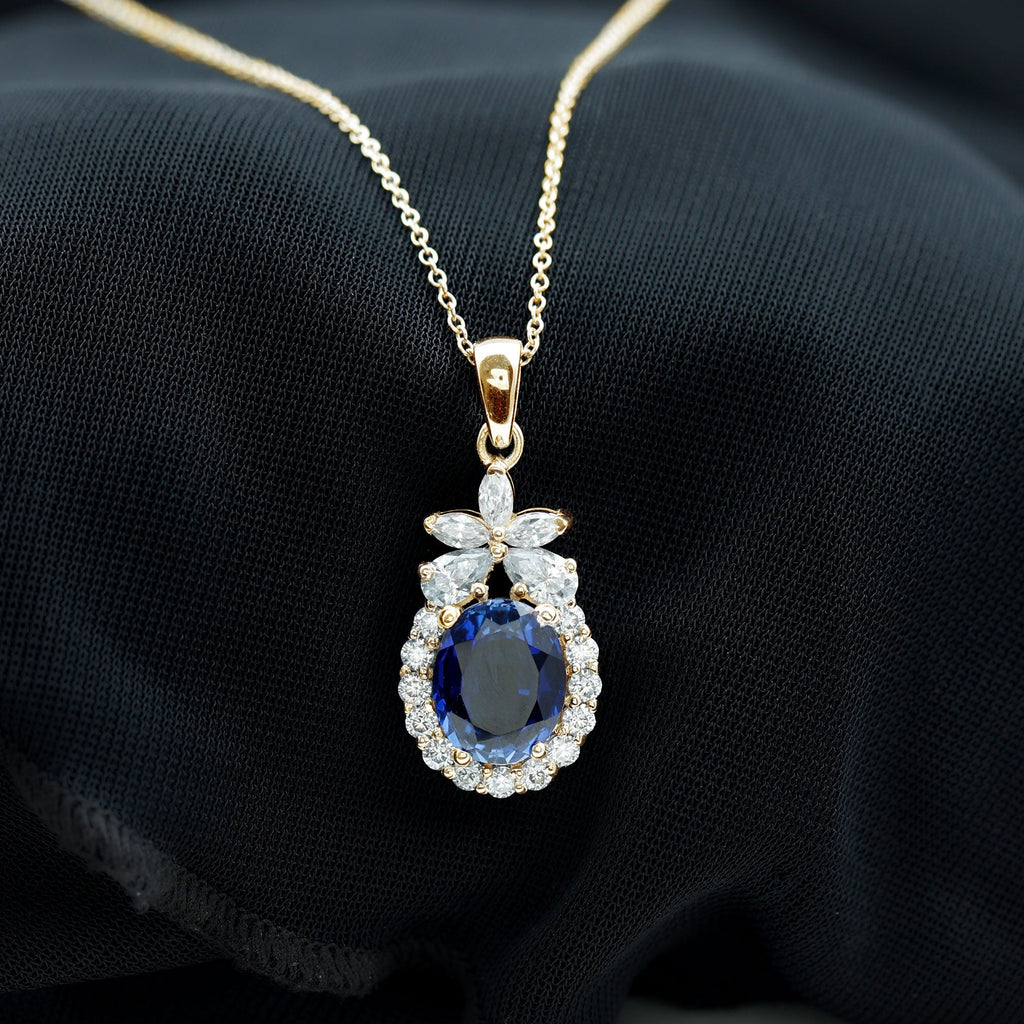 4 Carat Oval Shape Lab Created Blue Sapphire Statement Necklace with Moissanite