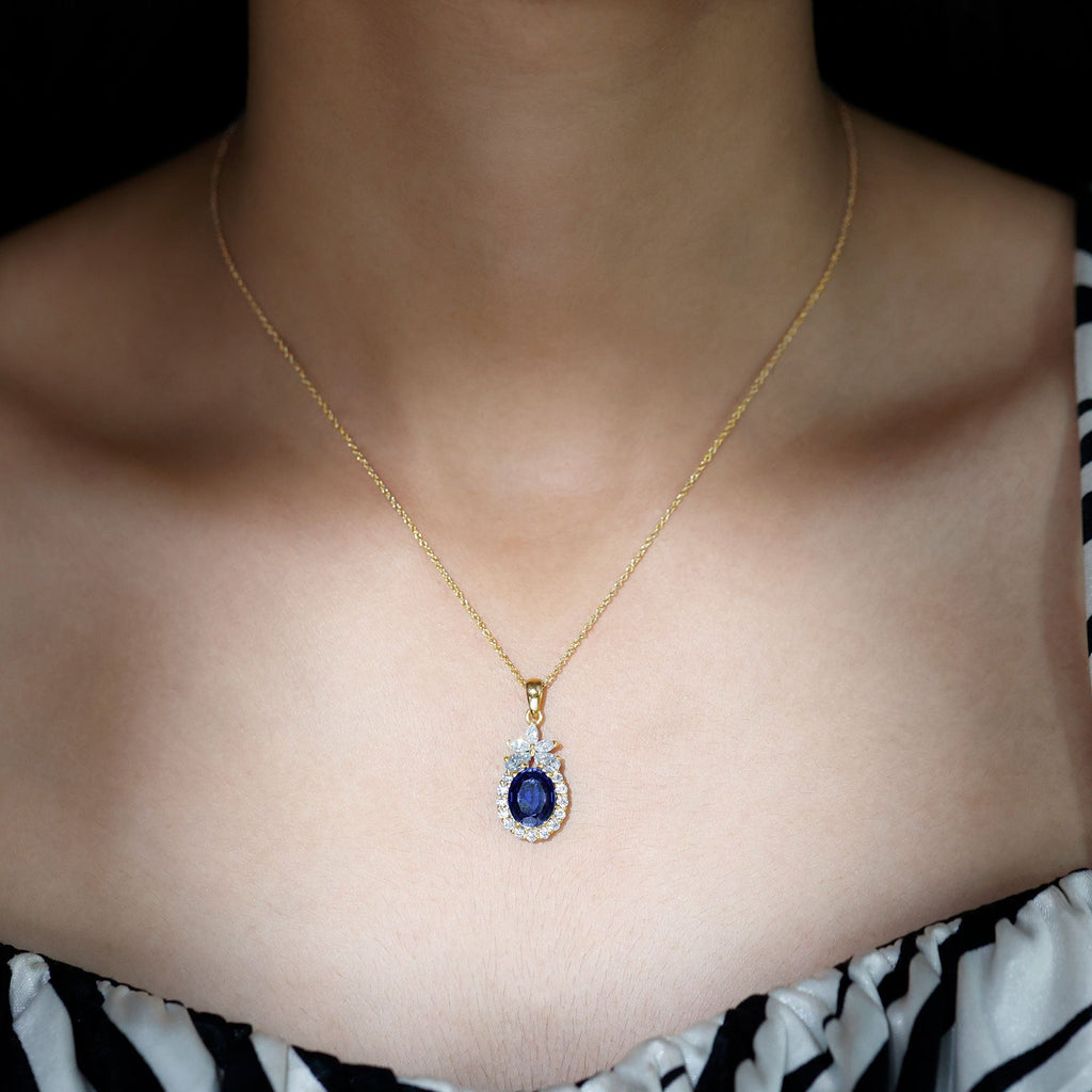 4 Carat Oval Shape Lab Created Blue Sapphire Statement Necklace with Moissanite