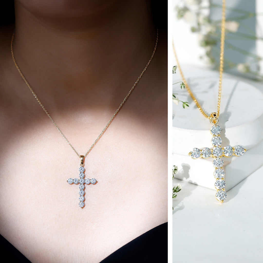 Certified Round Moissanite Cross Pendant Necklace
