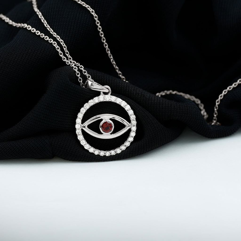Real Garnet and Diamond Evil Eye Necklace