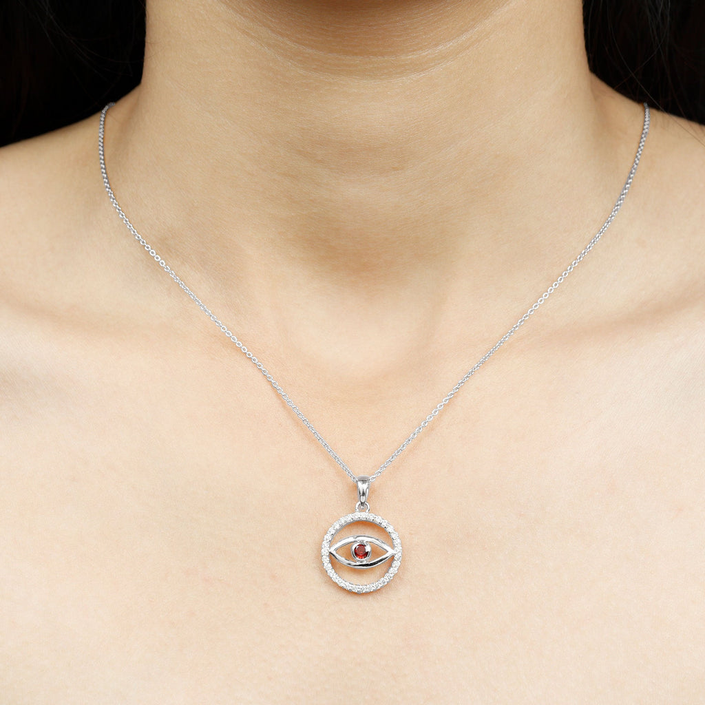 Real Garnet and Diamond Evil Eye Necklace