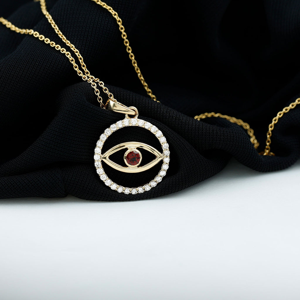 Real Garnet and Diamond Evil Eye Necklace