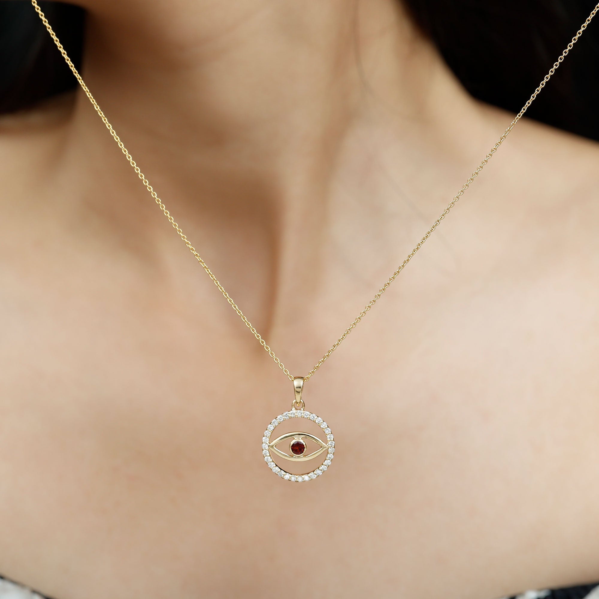 Real Garnet and Diamond Evil Eye Necklace
