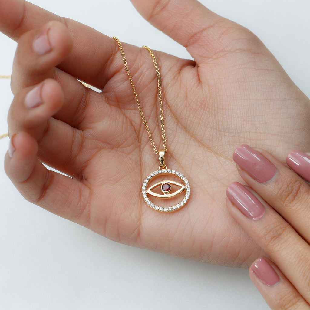 Real Garnet and Diamond Evil Eye Necklace