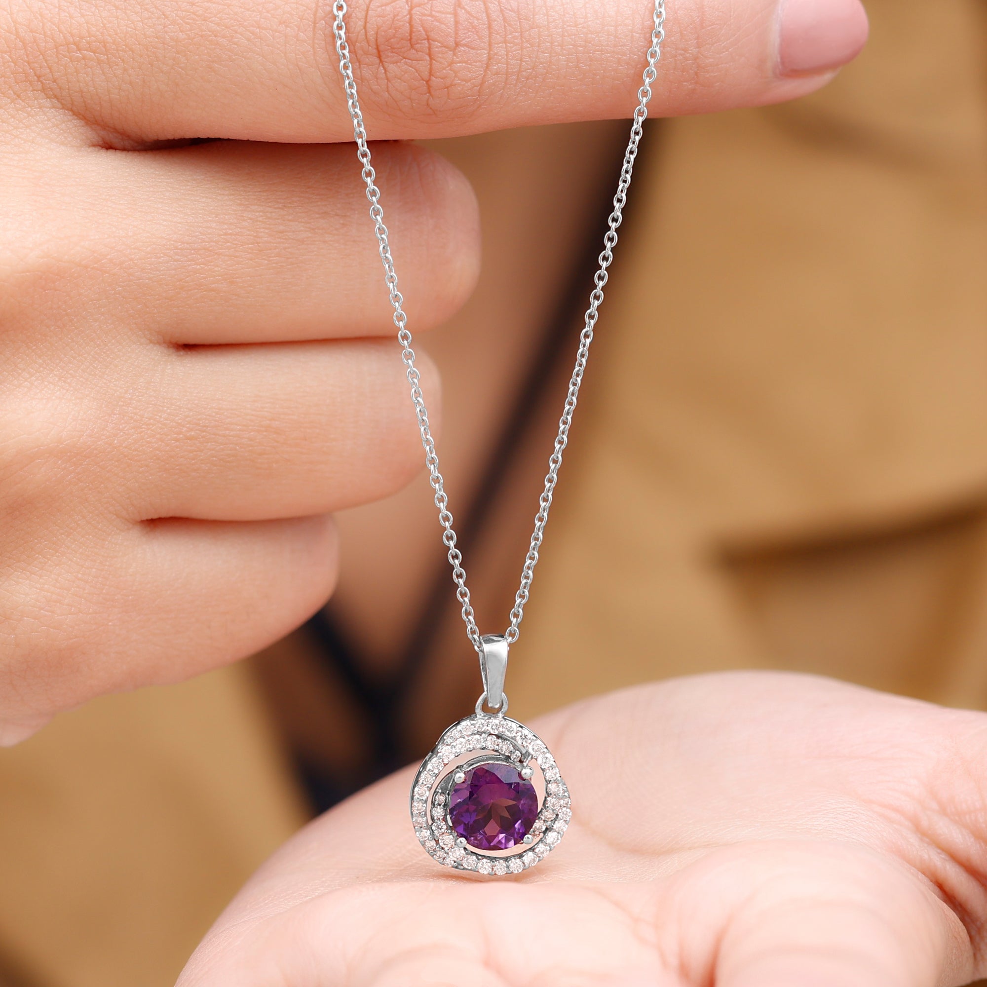 Natural Amethyst and Diamond Swirl Pendant Necklace