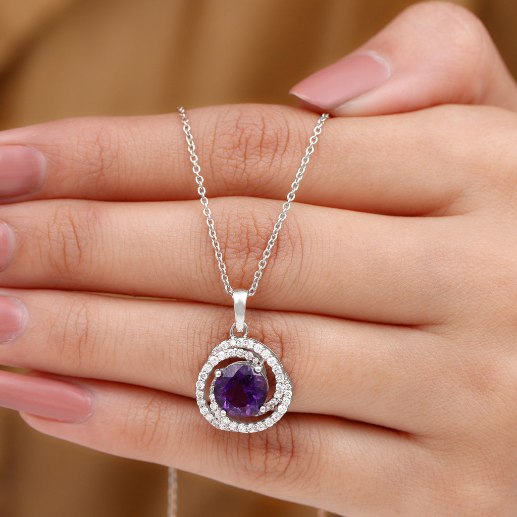 Natural Amethyst and Diamond Swirl Pendant Necklace