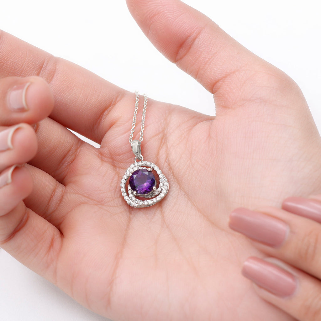 Natural Amethyst and Diamond Swirl Pendant Necklace
