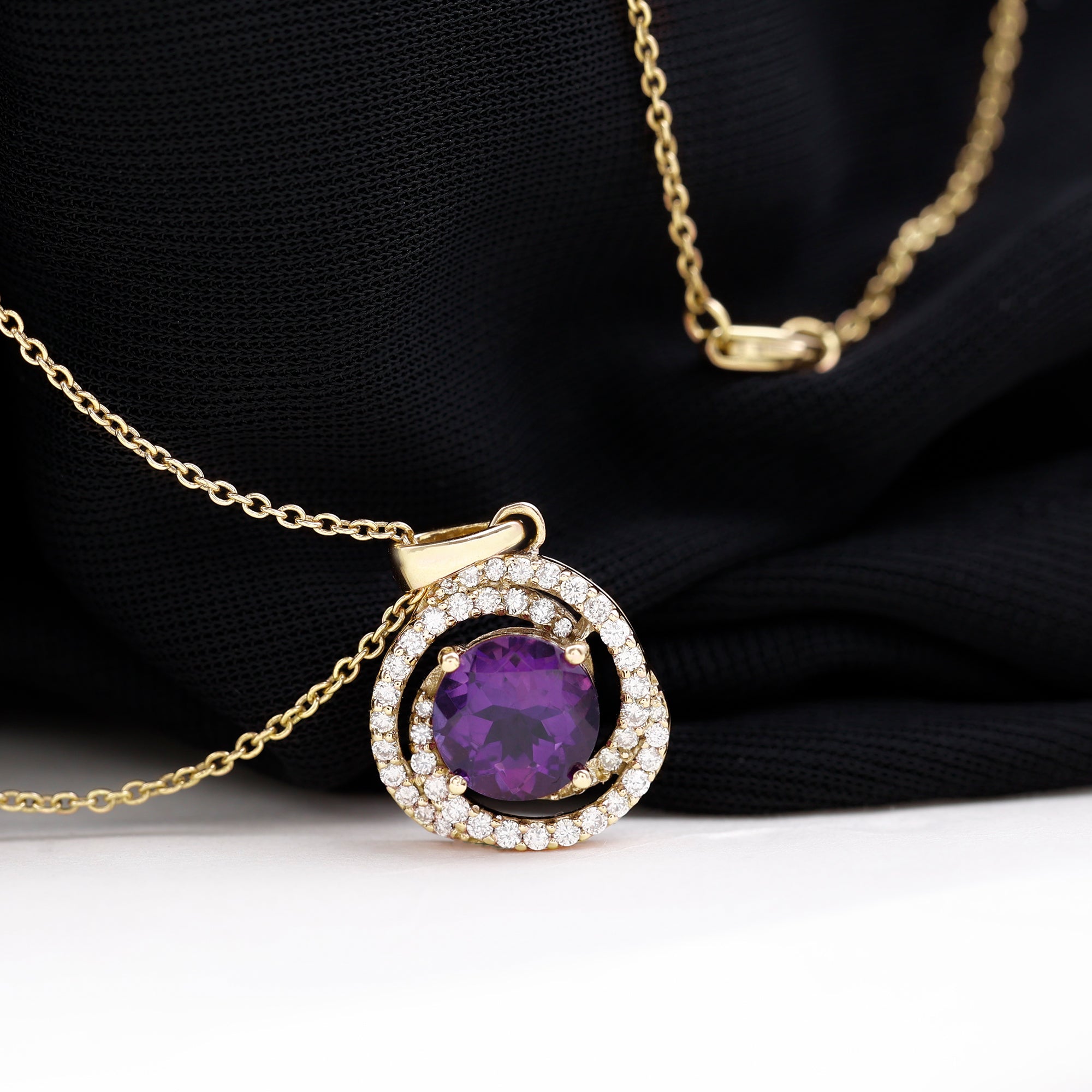 Natural Amethyst and Diamond Swirl Pendant Necklace