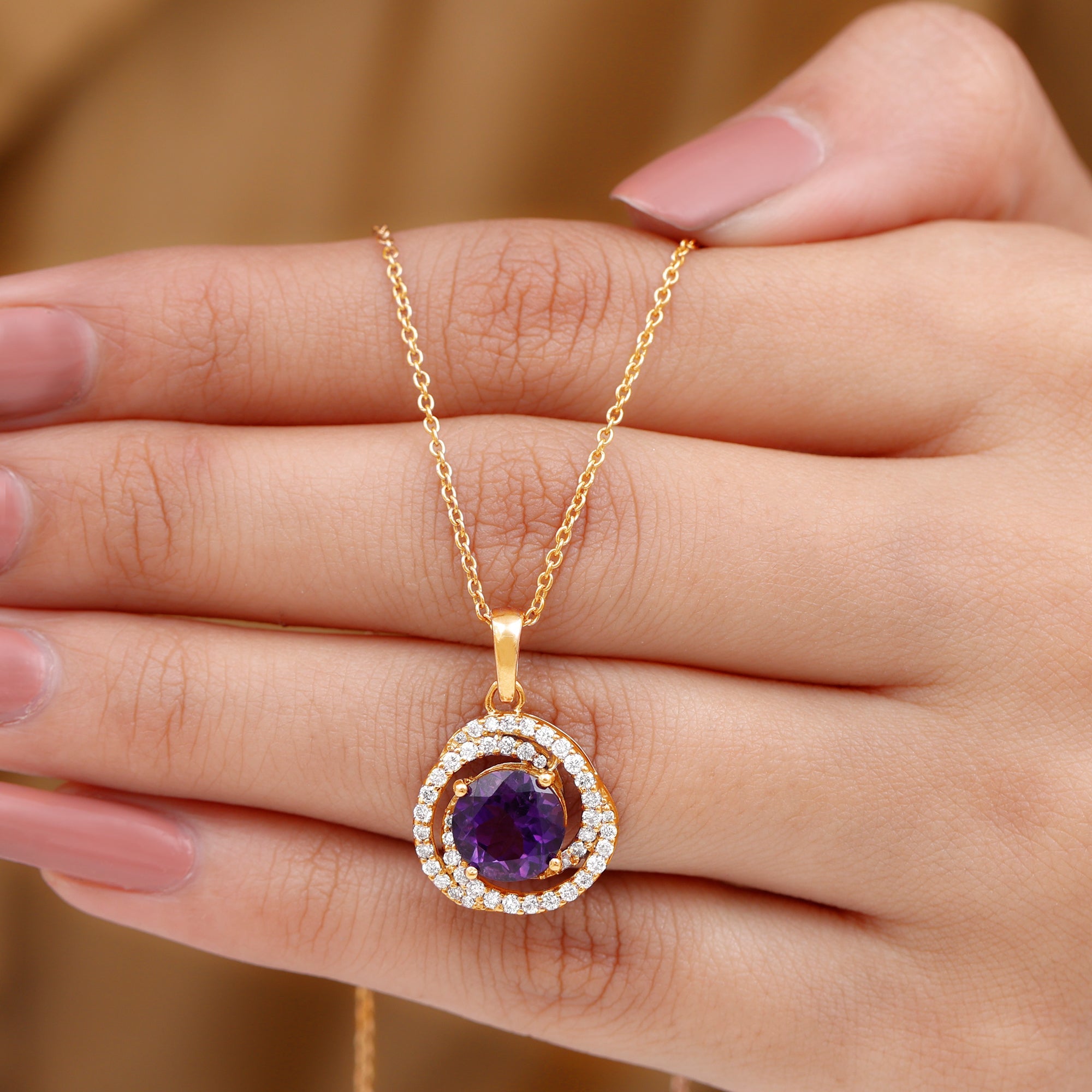 Natural Amethyst and Diamond Swirl Pendant Necklace