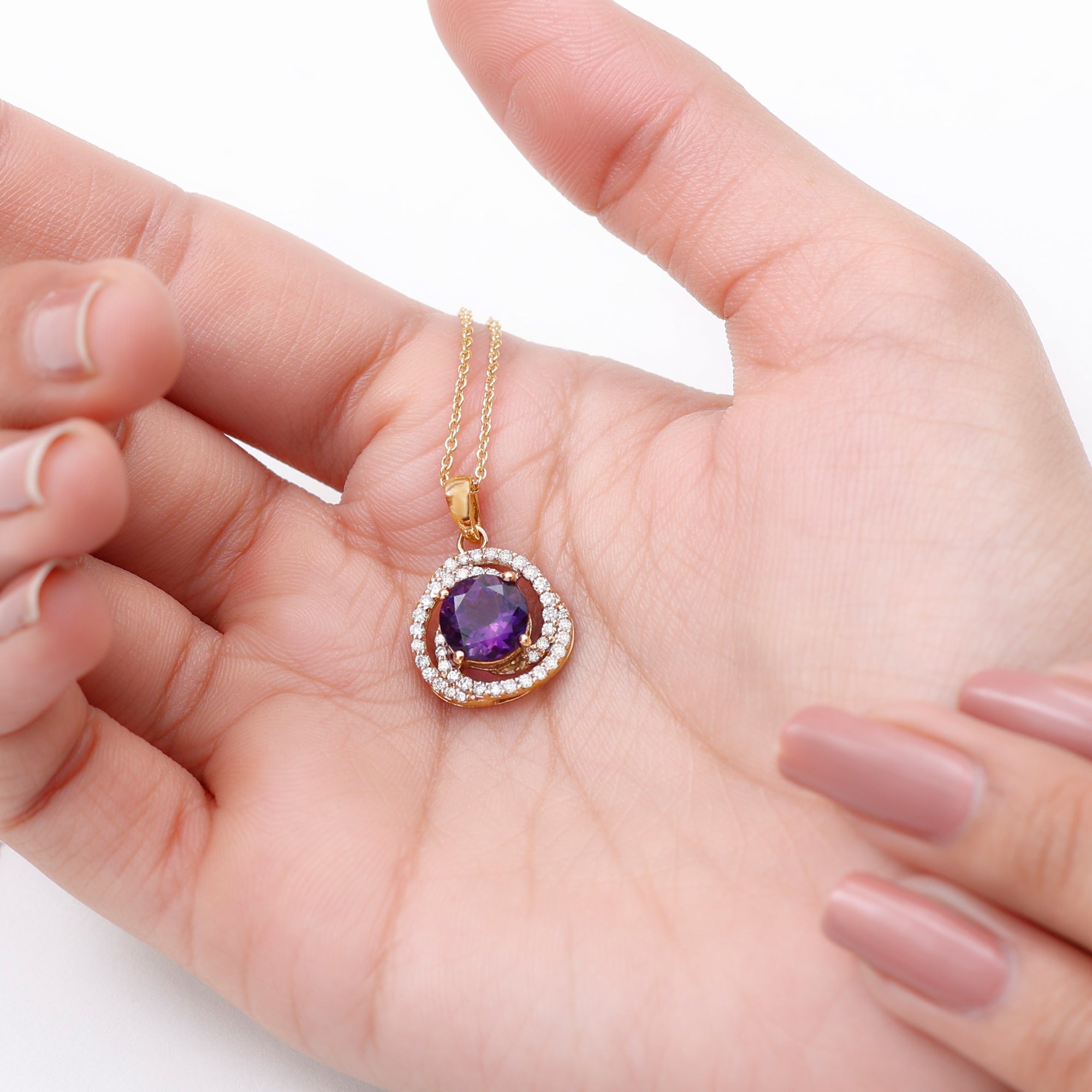 Natural Amethyst and Diamond Swirl Pendant Necklace
