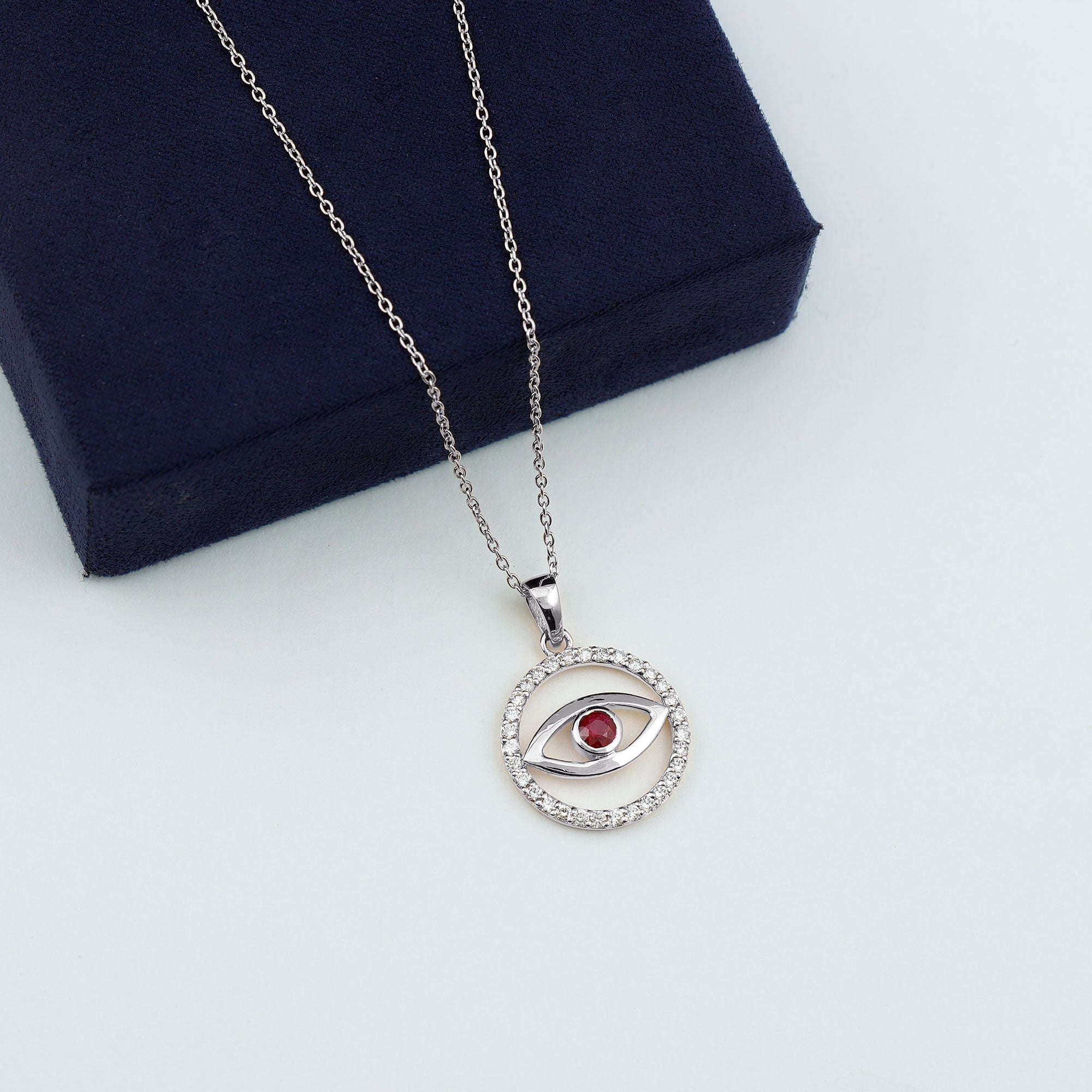 Real Ruby and Diamond Evil Eye Pendant Necklace