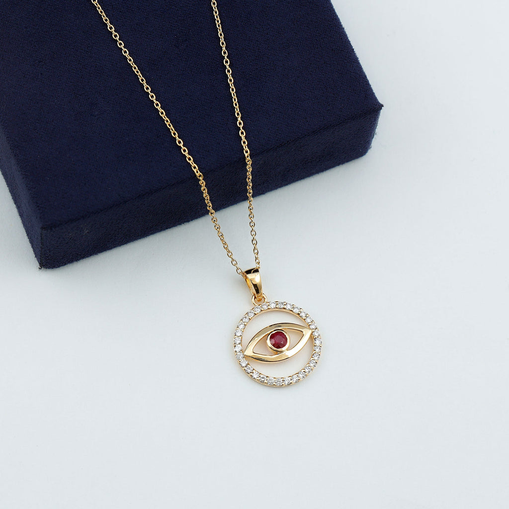 Real Ruby and Diamond Evil Eye Pendant Necklace