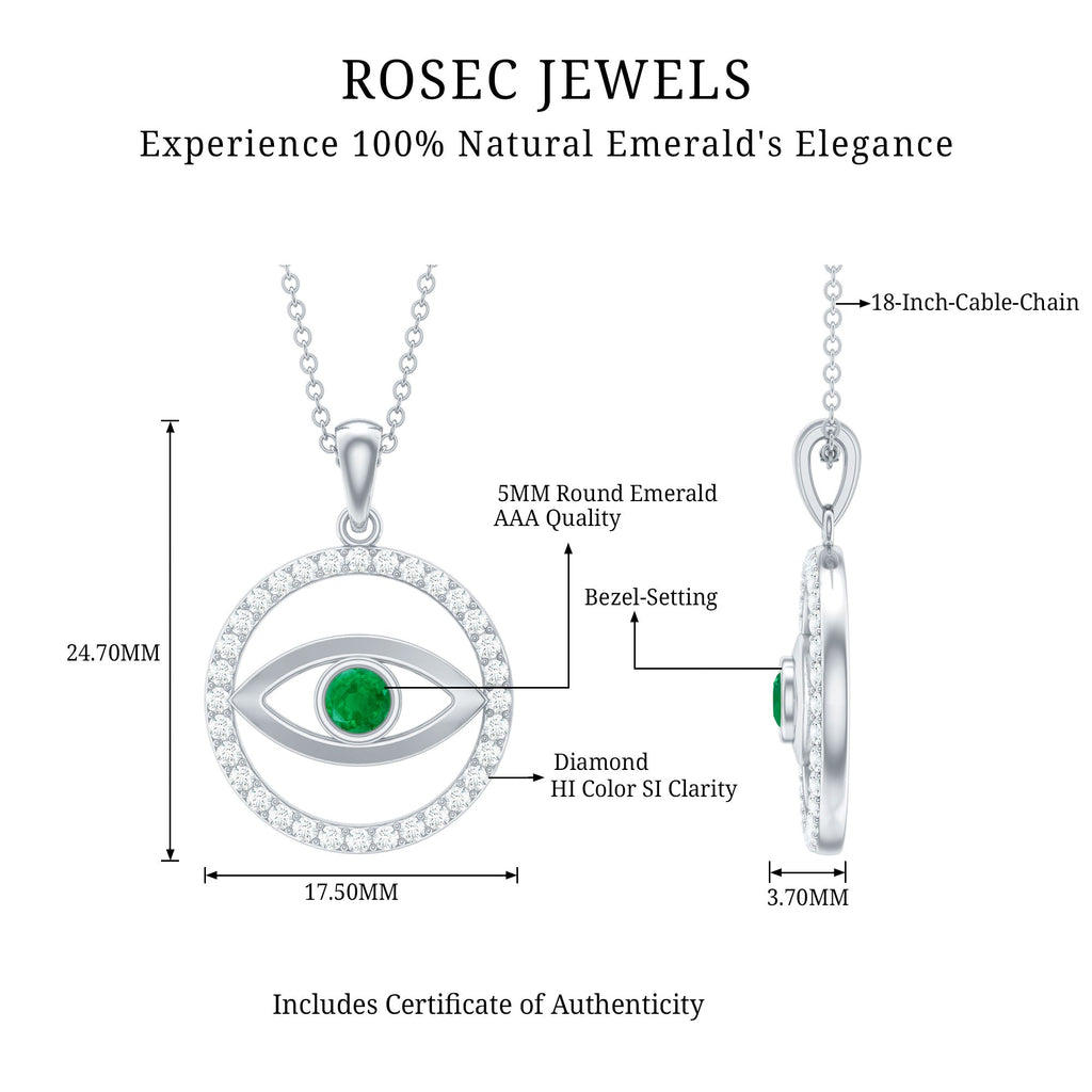 Real Emerald and Diamond Evil Eye Pendant Necklace