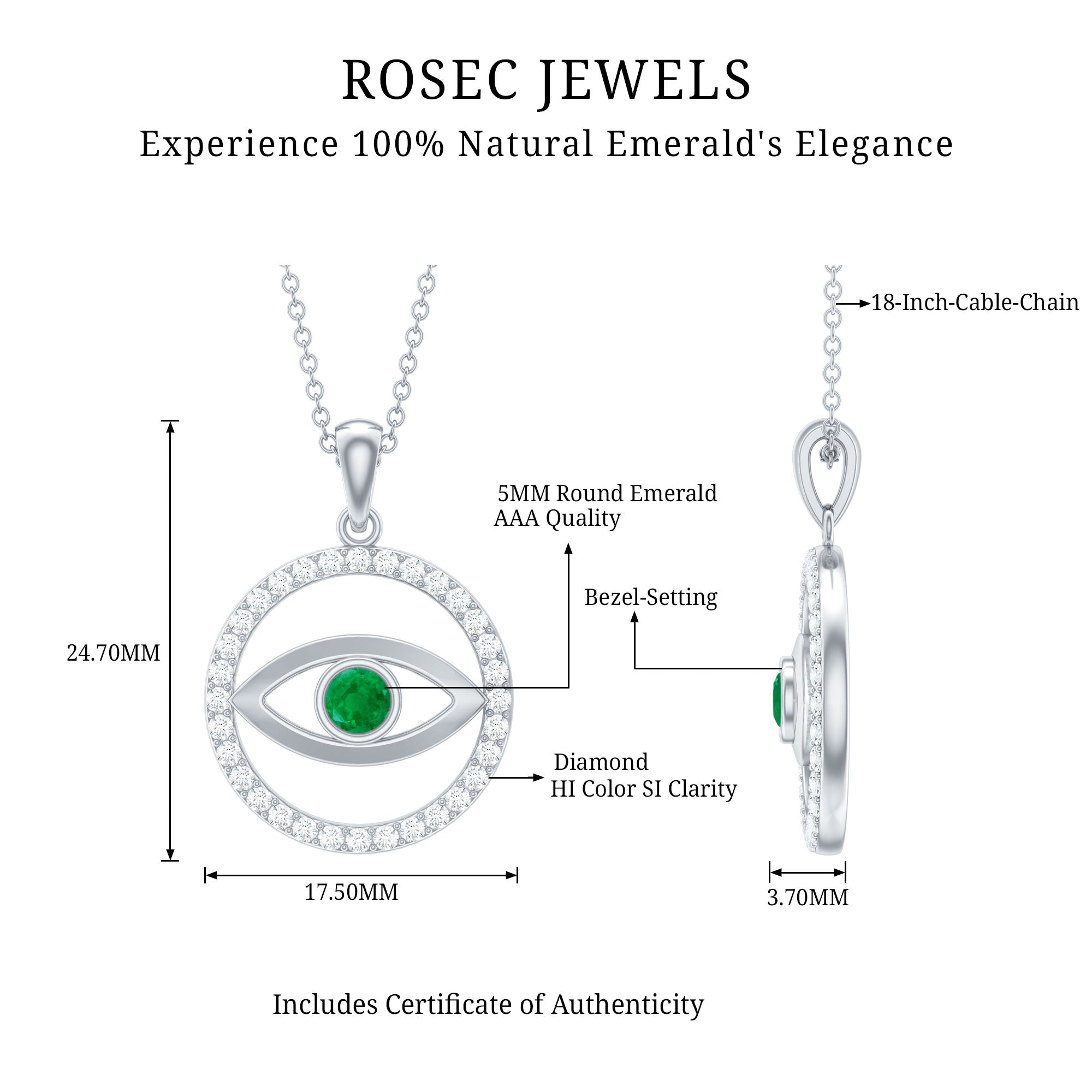 Real Emerald and Diamond Evil Eye Pendant Necklace