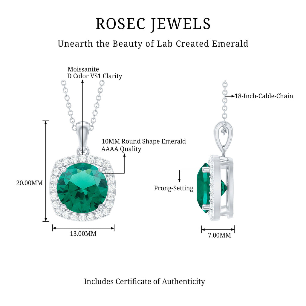 Lab Created Emerald and Moissanite Halo Pendant Necklace