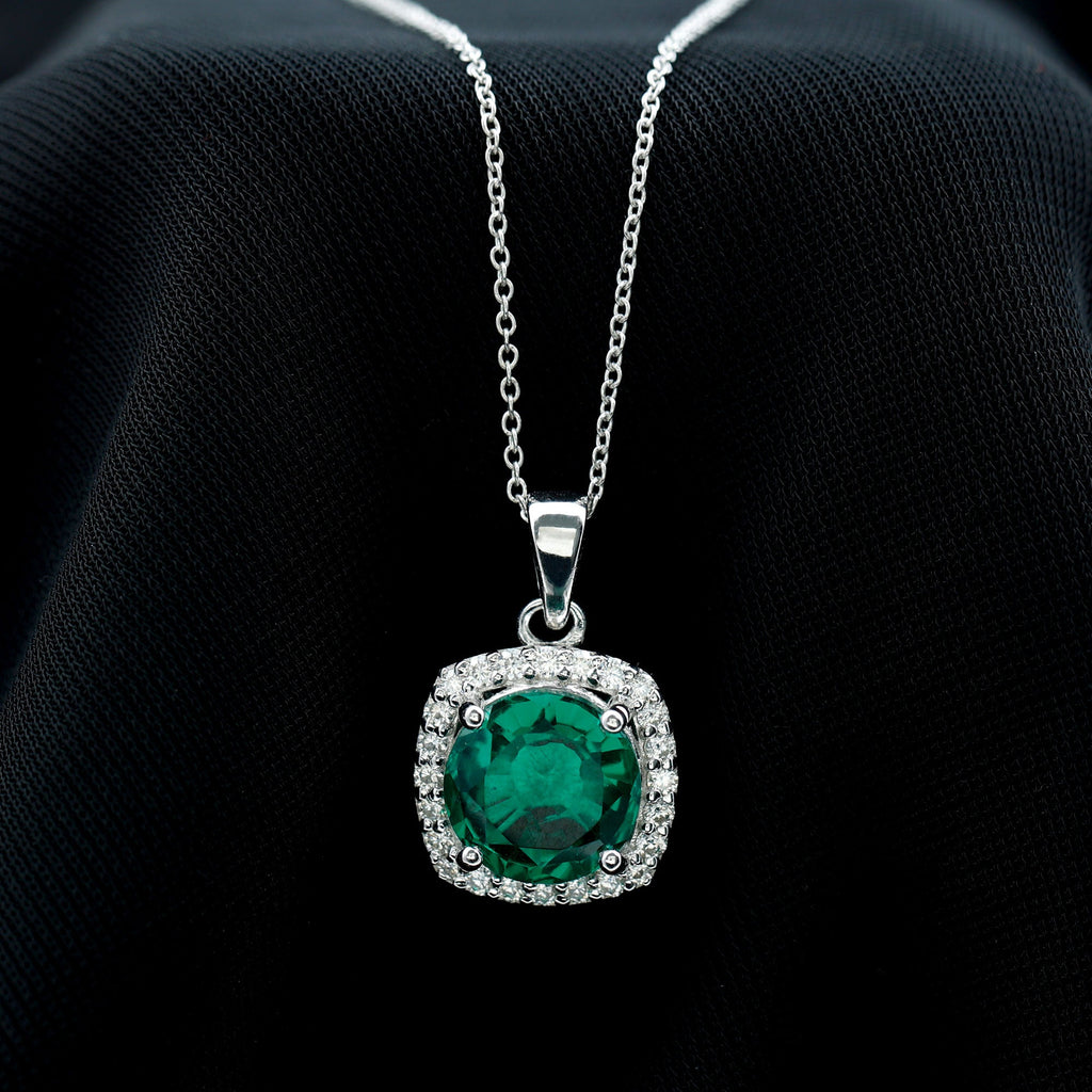 Lab Created Emerald and Moissanite Halo Pendant Necklace