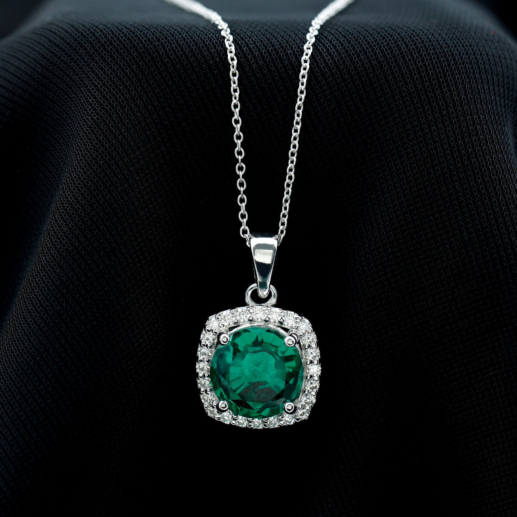 Lab Created Emerald and Moissanite Halo Pendant Necklace