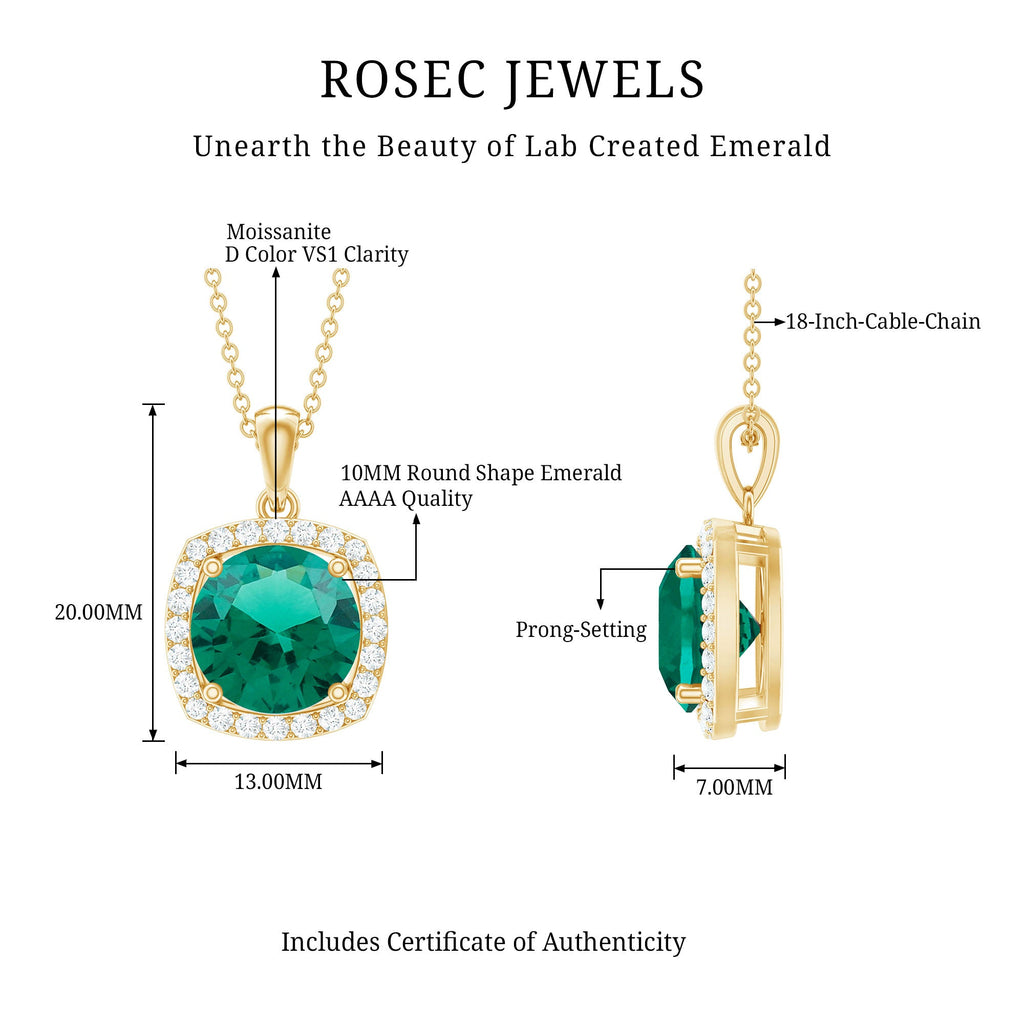 Lab Created Emerald and Moissanite Halo Pendant Necklace