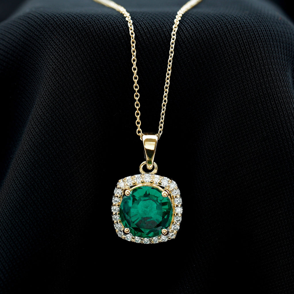 Lab Created Emerald and Moissanite Halo Pendant Necklace