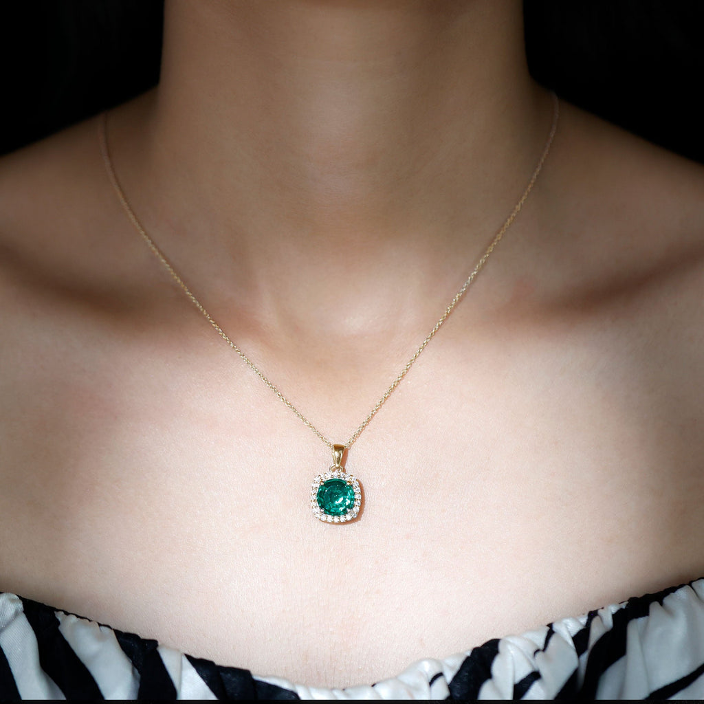 Lab Created Emerald and Moissanite Halo Pendant Necklace