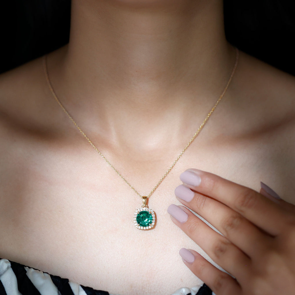 Lab Created Emerald and Moissanite Halo Pendant Necklace