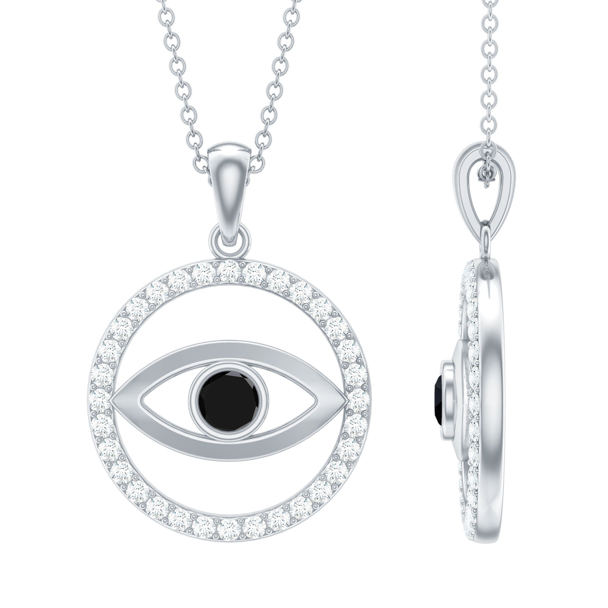 Lab Created Black Diamond Evil Eye Necklace with Moissanite