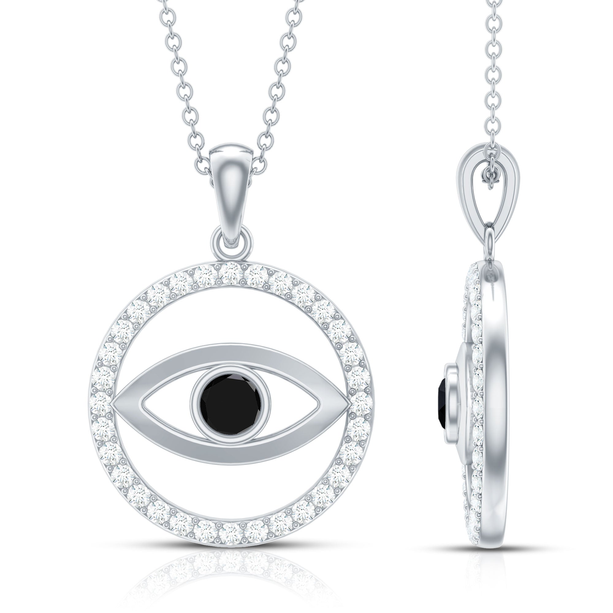 Lab Created Black Diamond Evil Eye Necklace with Moissanite