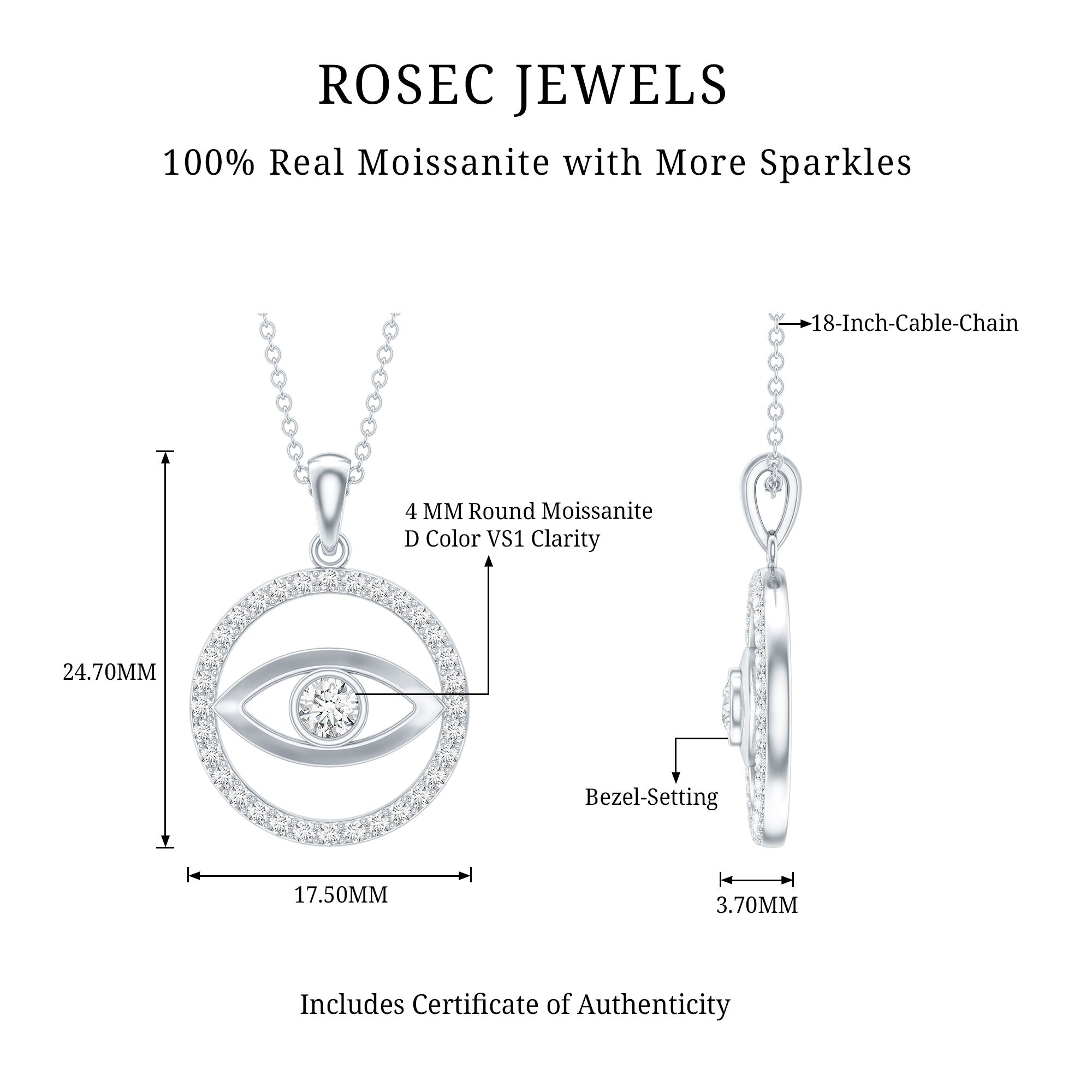 1 CT Moissanite Evil Eye and Eternity Pendant in Bezel Setting
