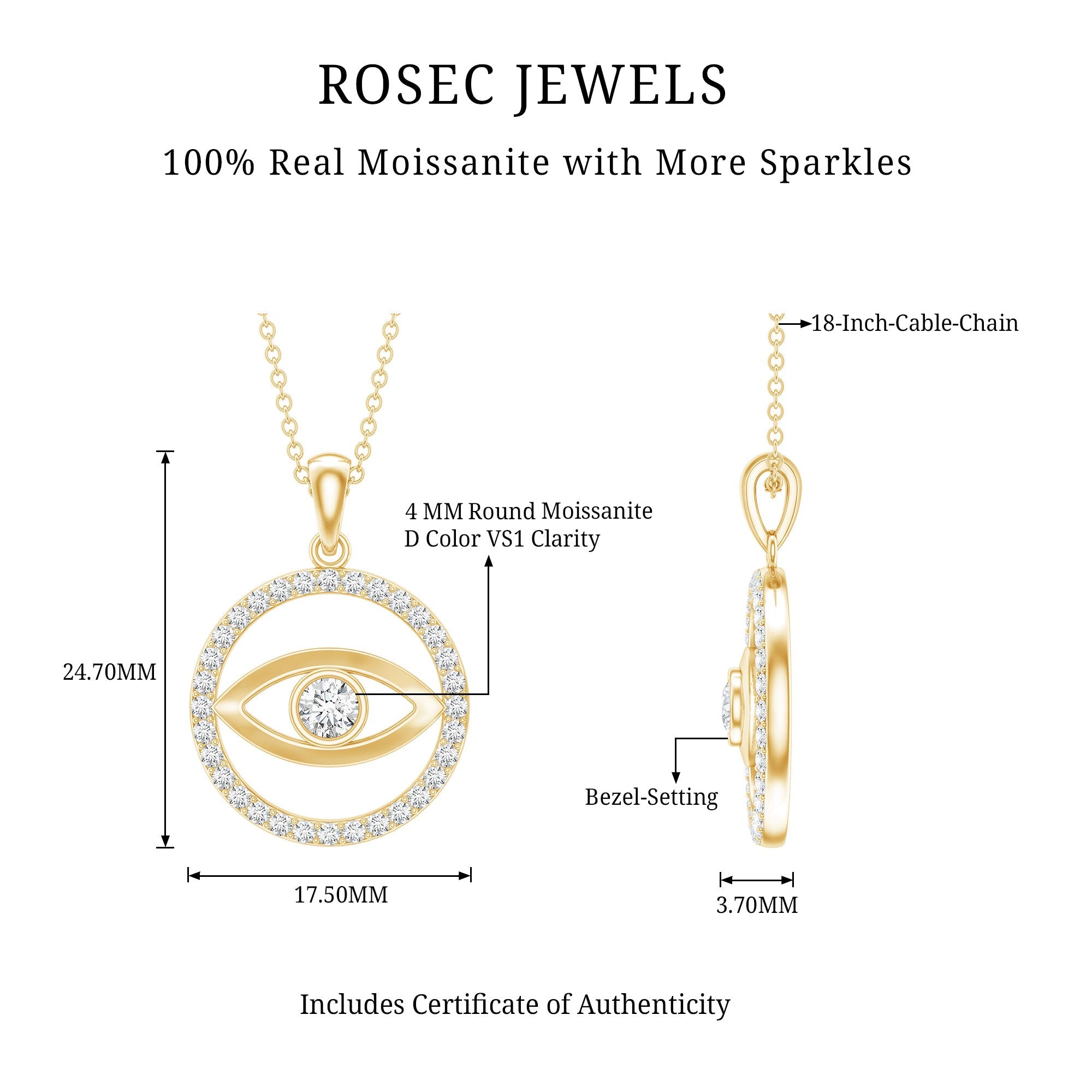 1 CT Moissanite Evil Eye and Eternity Pendant in Bezel Setting