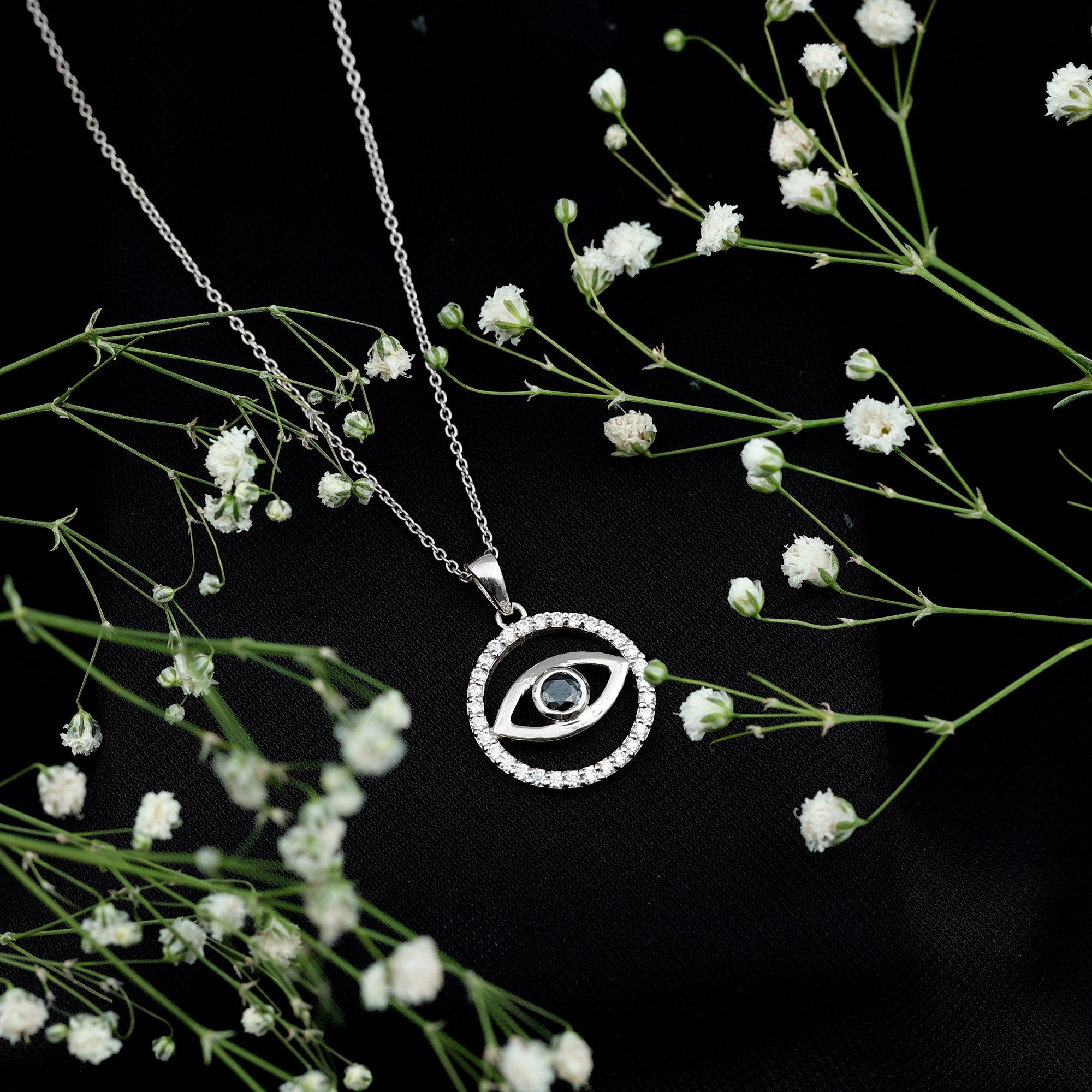 1 CT Black Onyx Evil Eye Pendant with Moissanite Eternity Circle