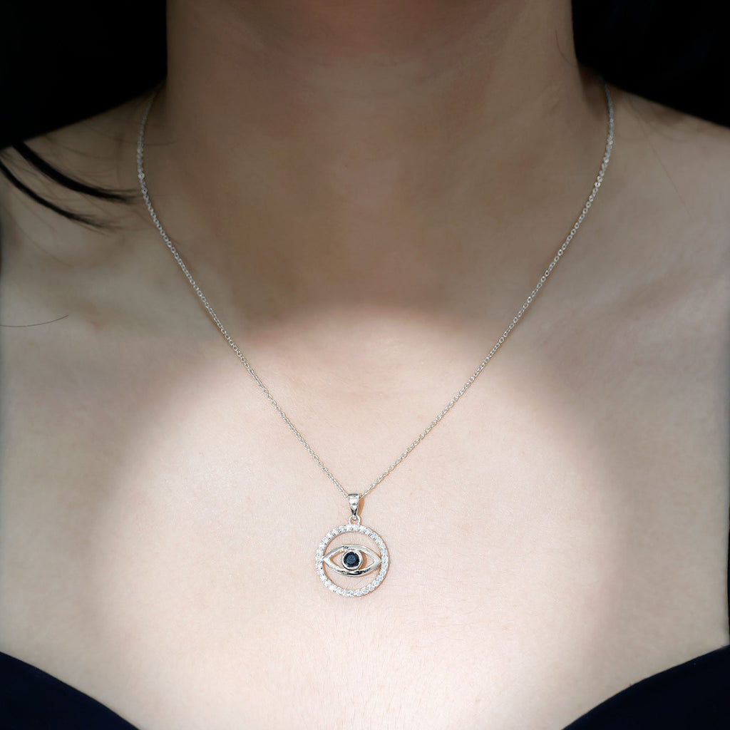 1 CT Black Onyx Evil Eye Pendant with Moissanite Eternity Circle