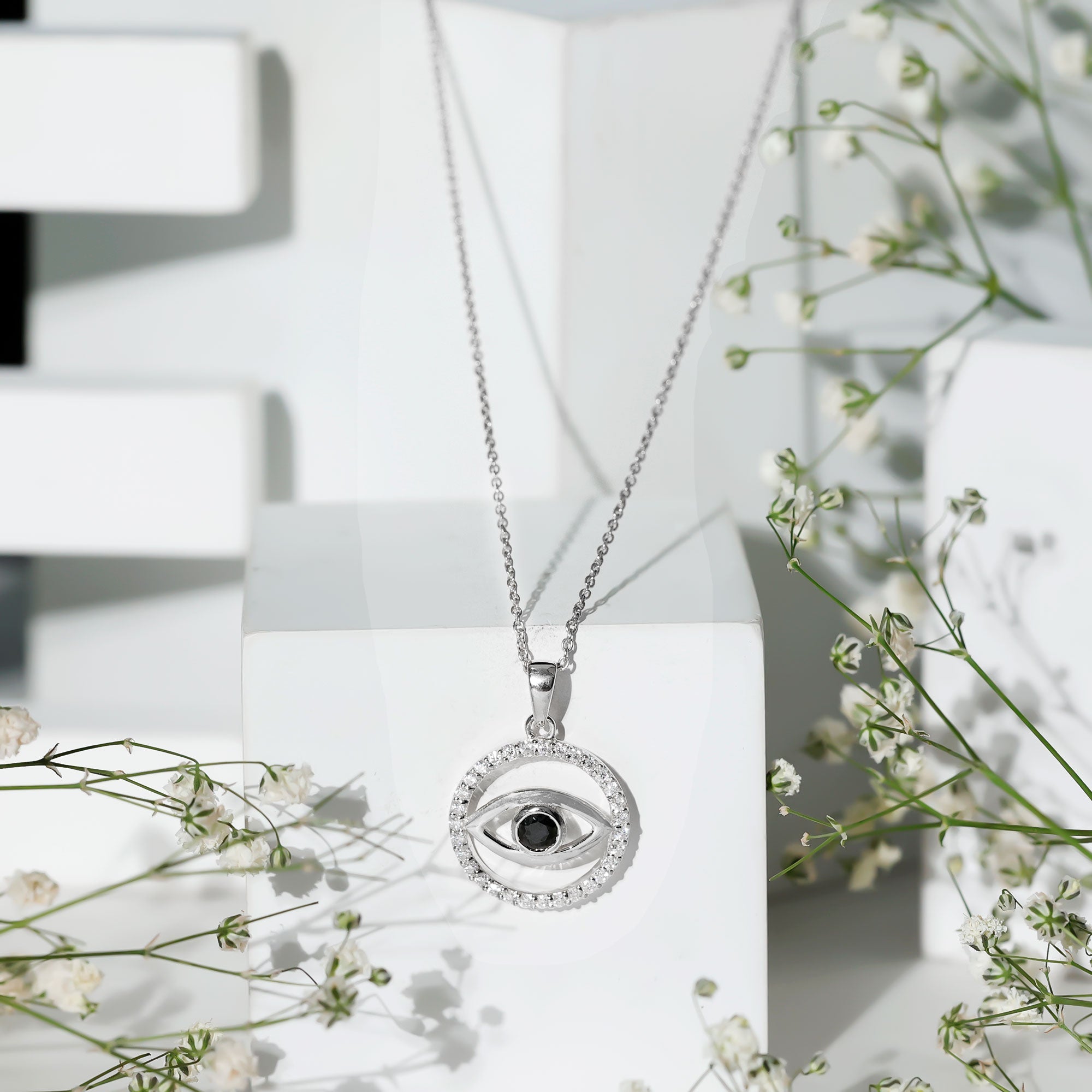 1 CT Black Onyx Evil Eye Pendant with Moissanite Eternity Circle