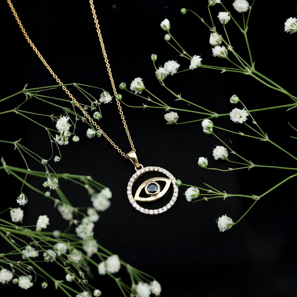 1 CT Black Onyx Evil Eye Pendant with Moissanite Eternity Circle