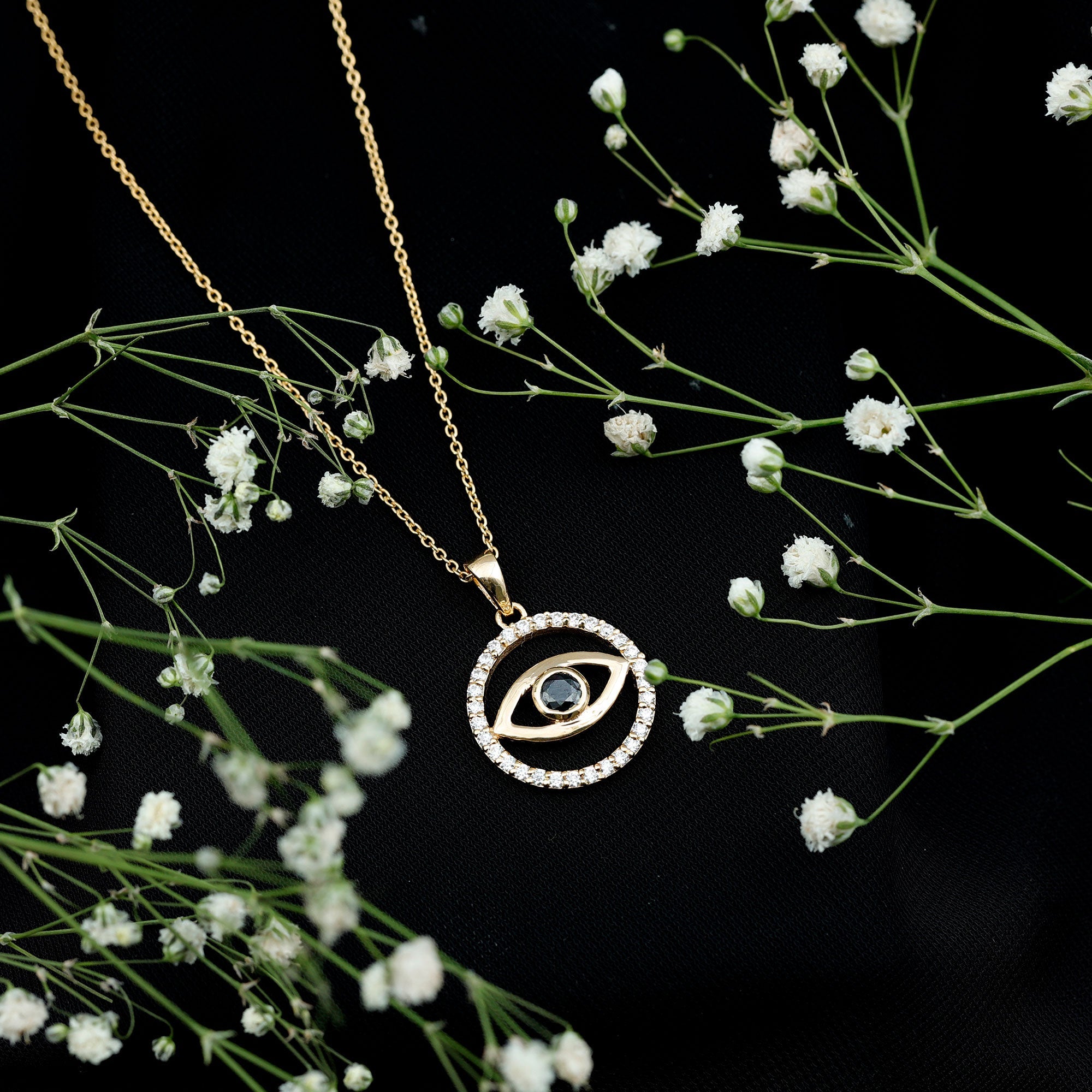 1 CT Black Onyx Evil Eye Pendant with Moissanite Eternity Circle