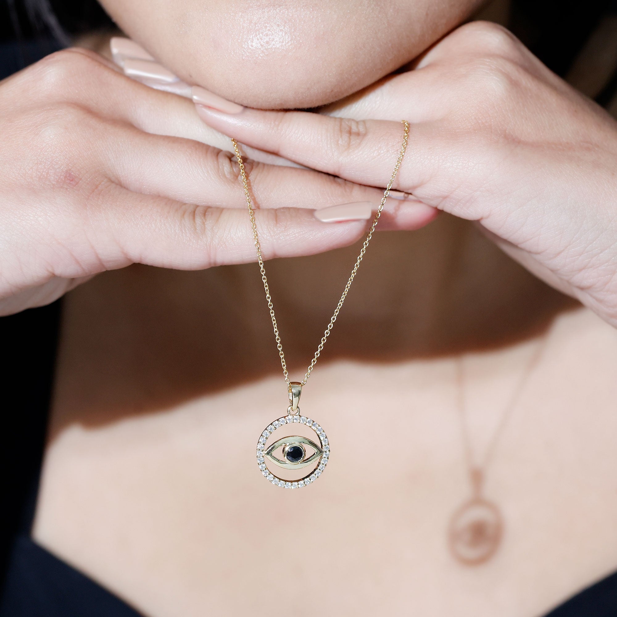 1 CT Black Onyx Evil Eye Pendant with Moissanite Eternity Circle