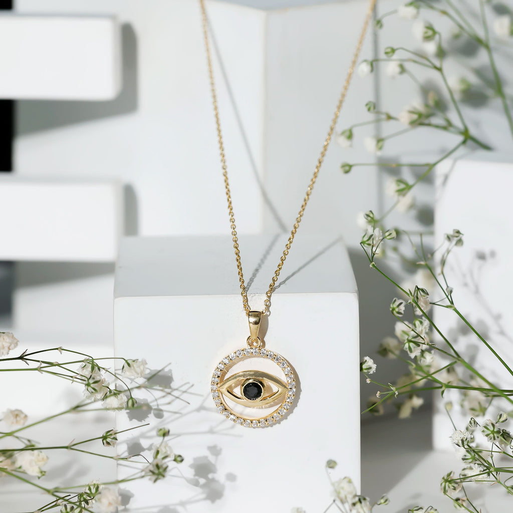 1 CT Black Onyx Evil Eye Pendant with Moissanite Eternity Circle