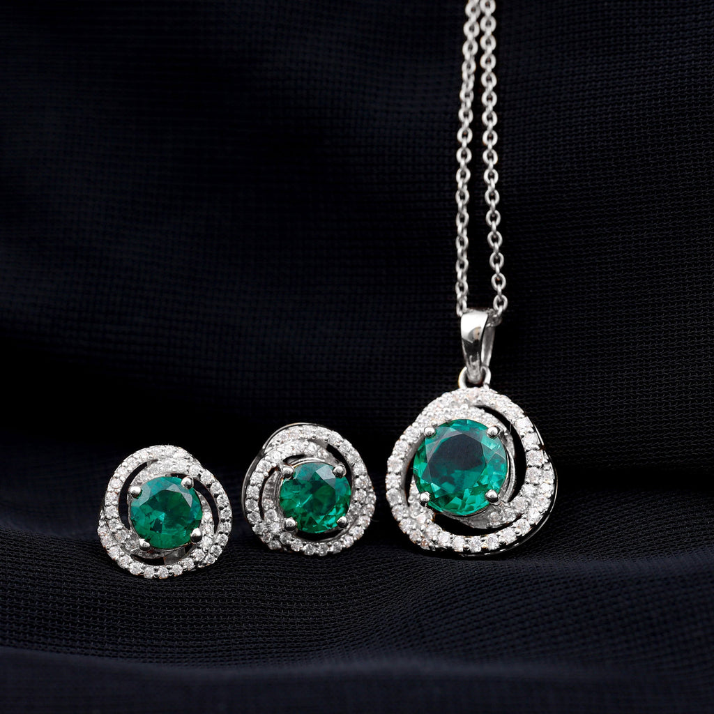 Lab Created Emerald Swirl Necklace and Earrings Set With Moissanite