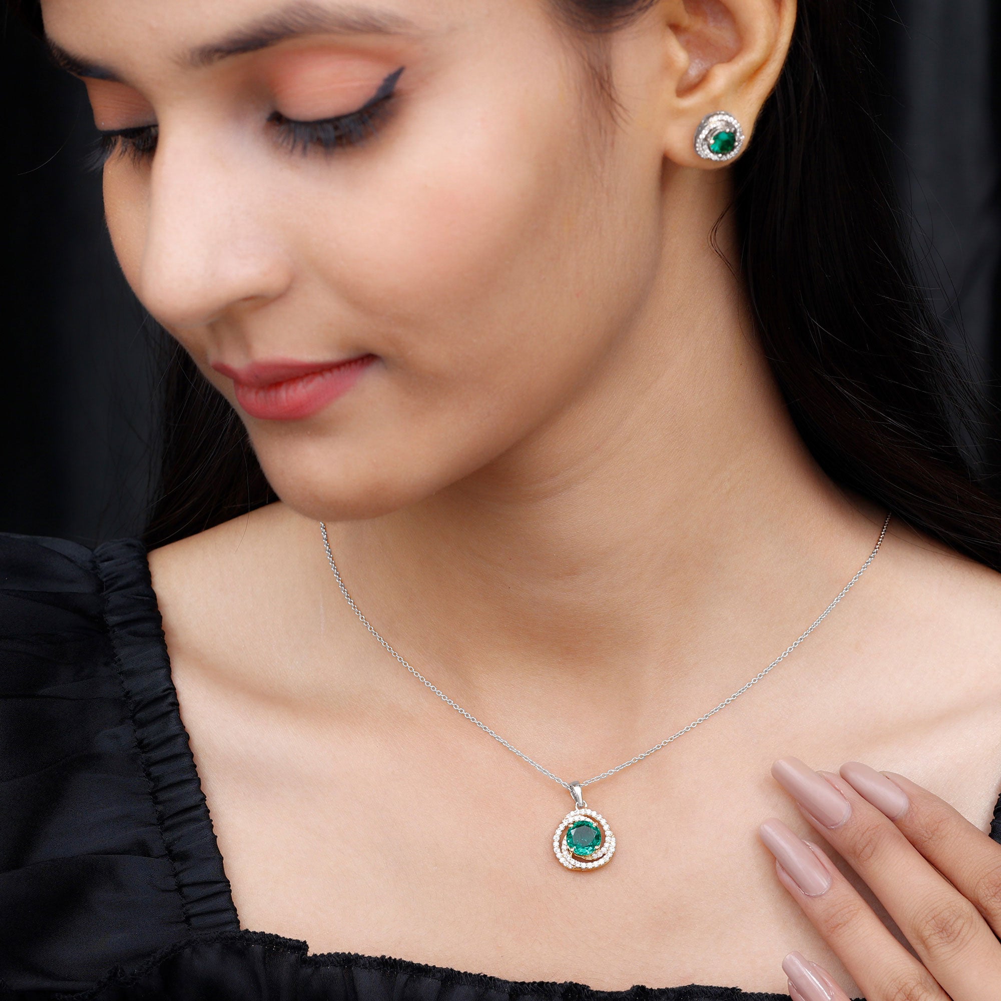 Lab Created Emerald Swirl Necklace and Earrings Set With Moissanite