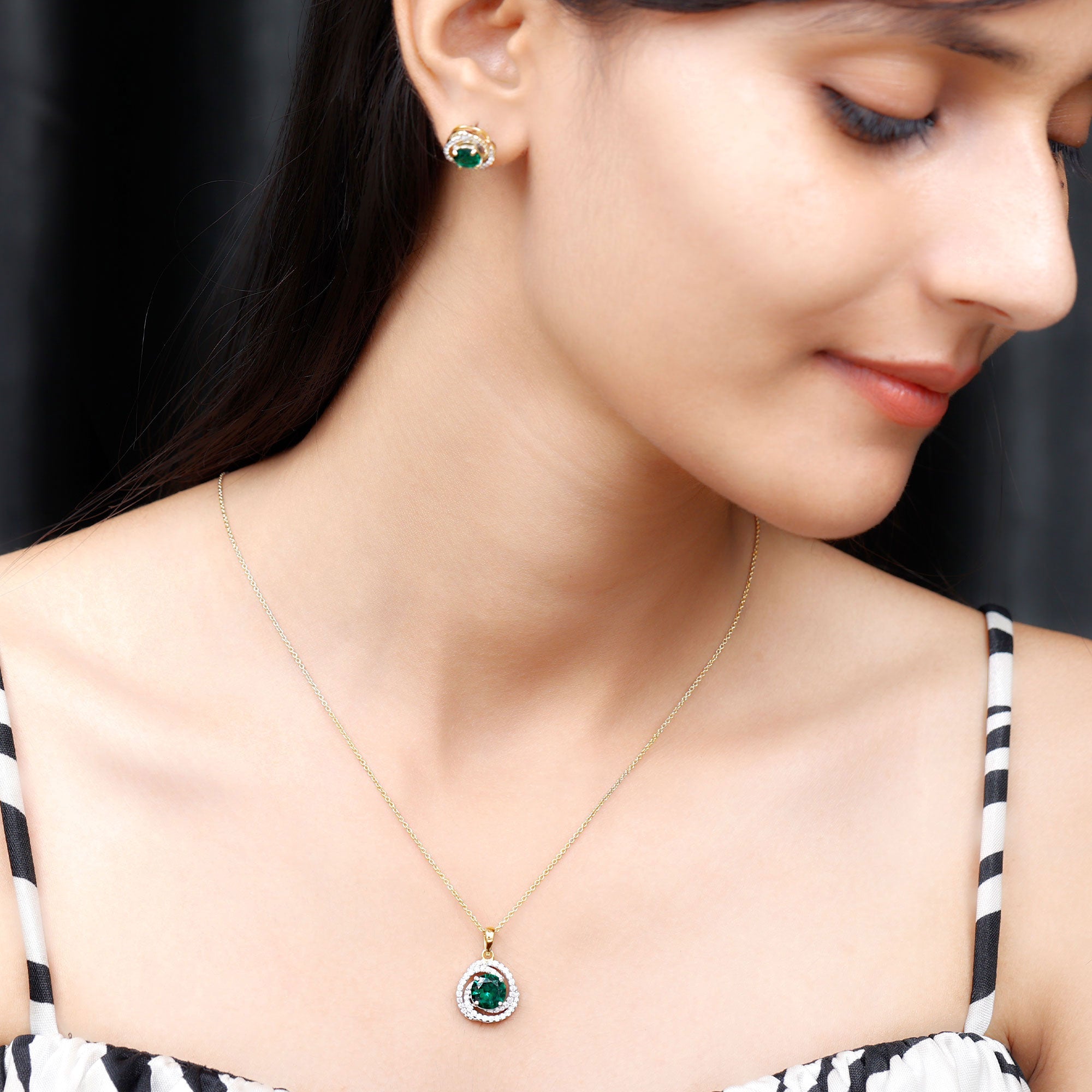 Lab Created Emerald Swirl Necklace and Earrings Set With Moissanite