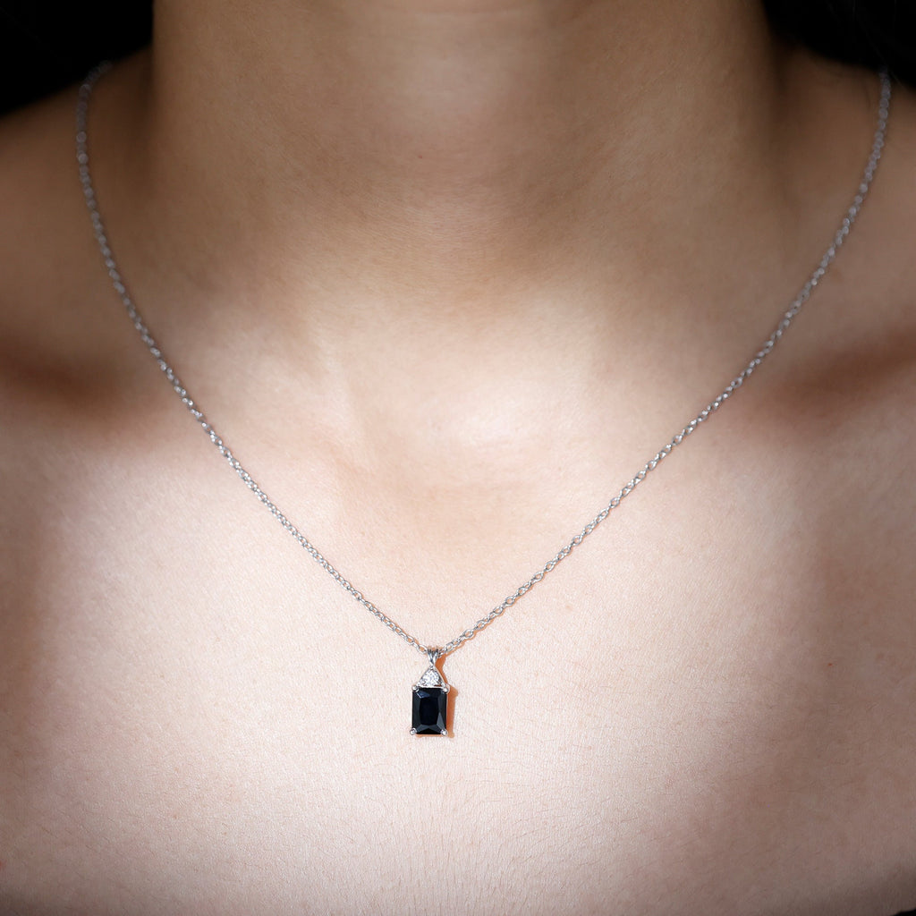 Natural 2 CT Black Onyx Emerald Cut Necklace With Chain