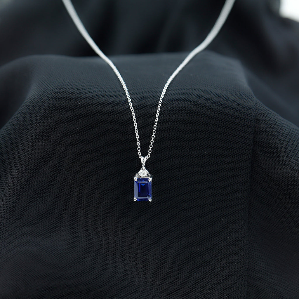 Certified Lab Created Blue Sapphire Emerald Cut Necklace with Chain