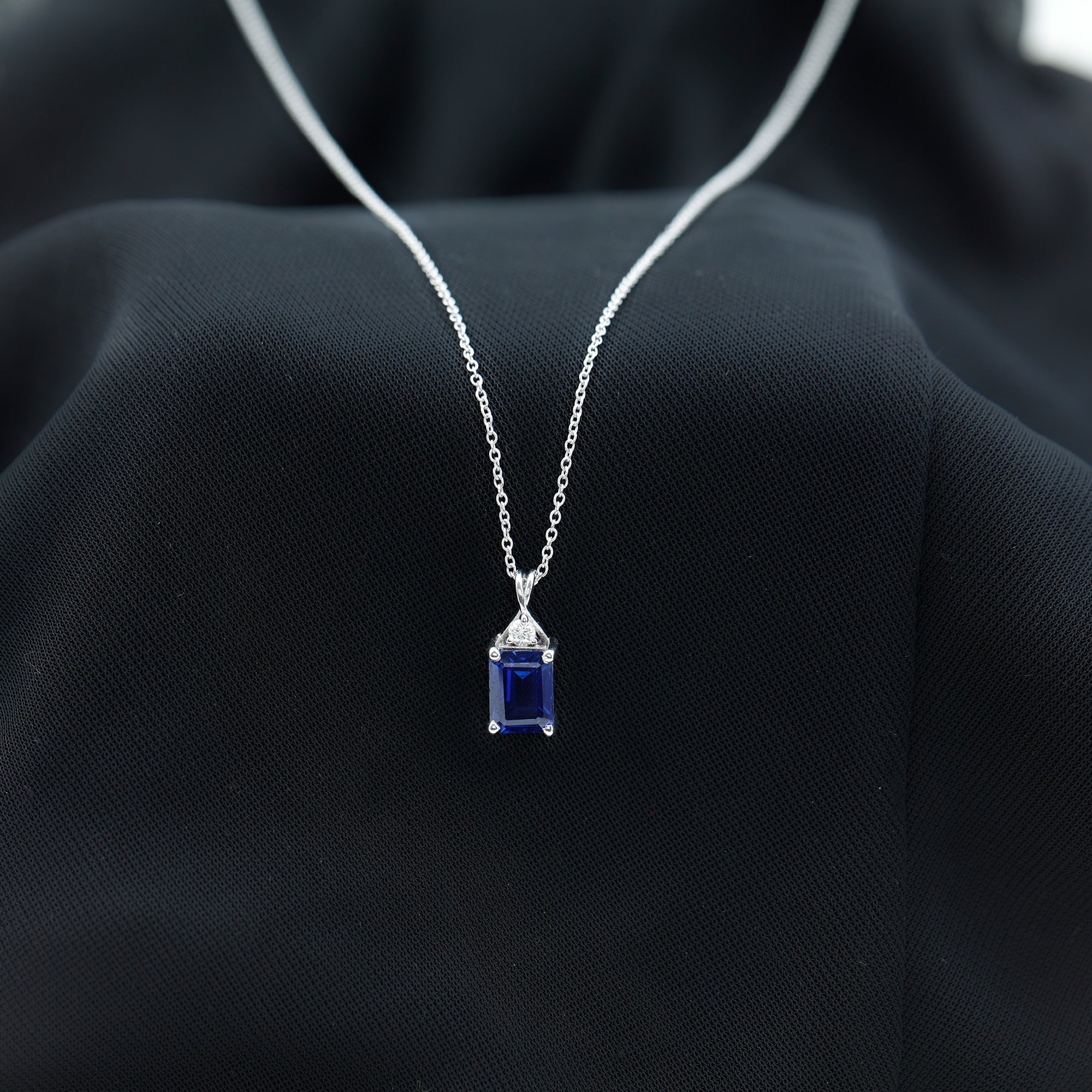 Certified Lab Created Blue Sapphire Emerald Cut Necklace with Chain