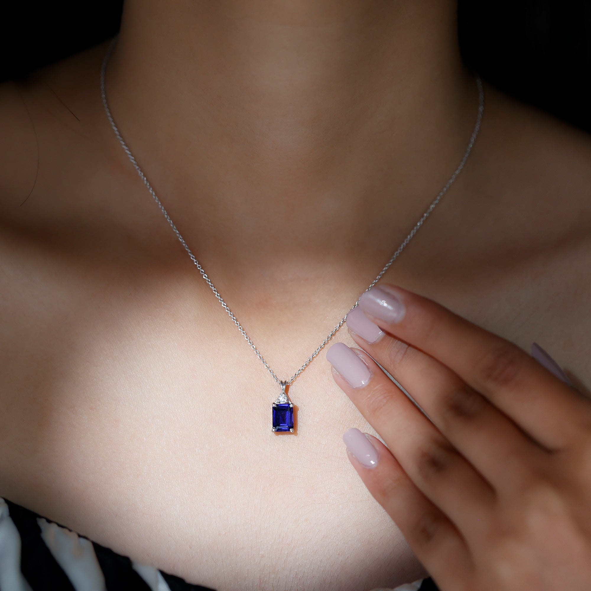 Certified Lab Created Blue Sapphire Emerald Cut Necklace with Chain