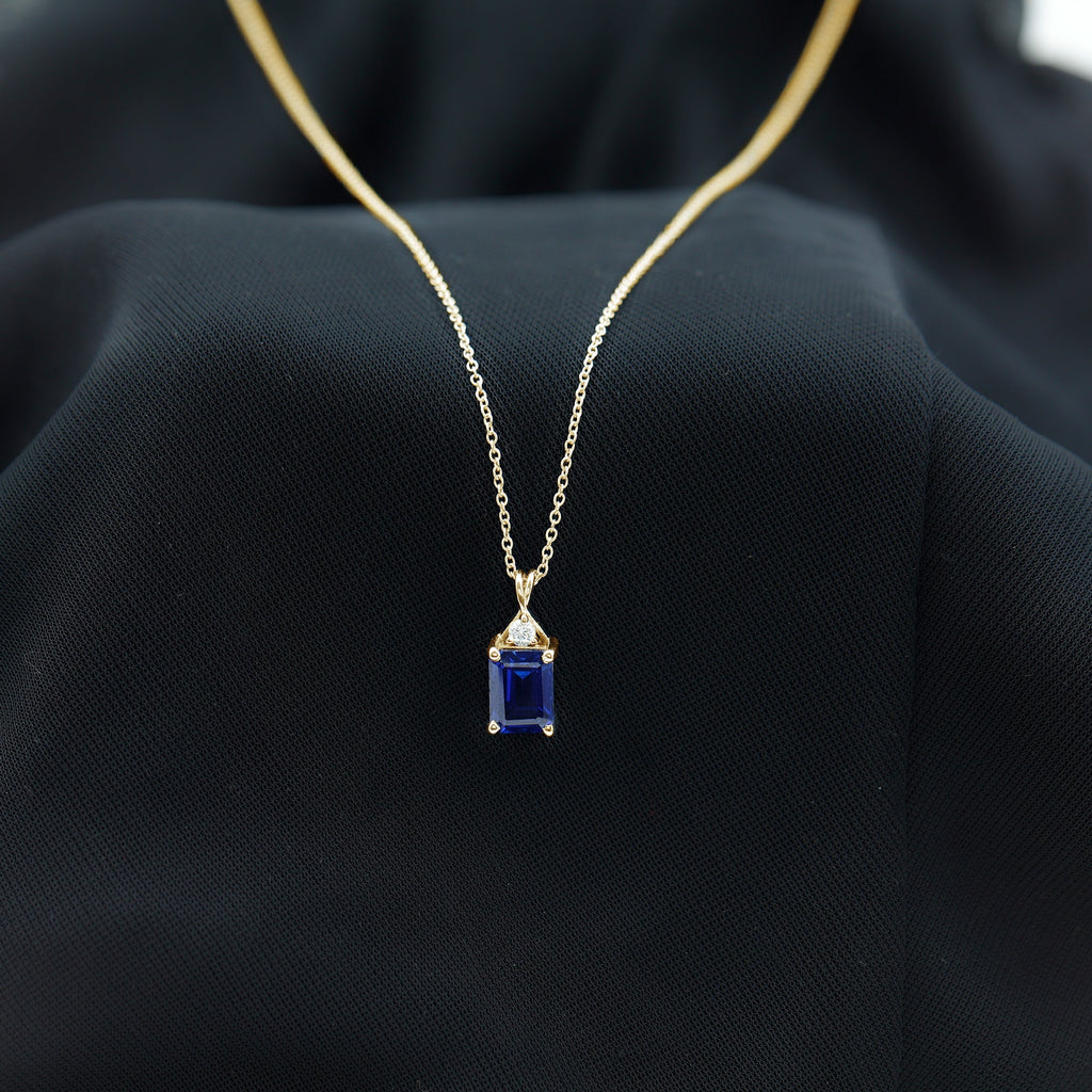 Certified Lab Created Blue Sapphire Emerald Cut Necklace with Chain